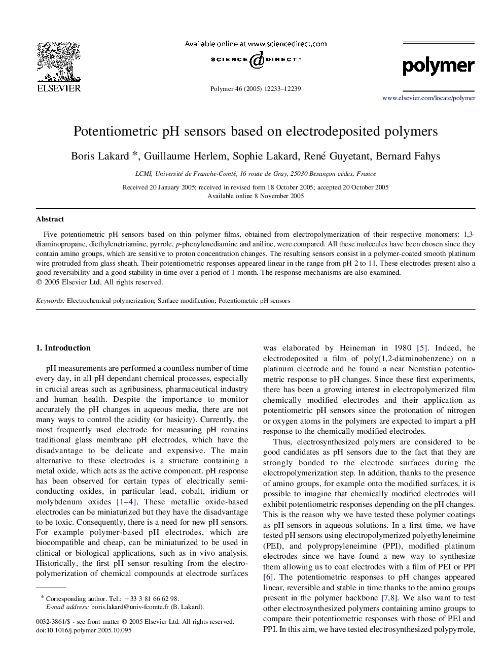 Potentiometric pH sensors based on electrodeposited polymers