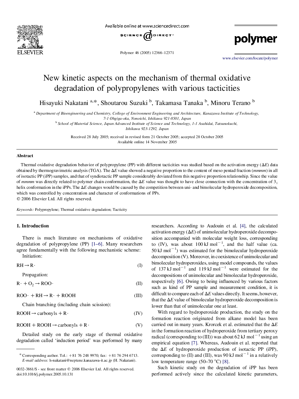 New kinetic aspects on the mechanism of thermal oxidative degradation of polypropylenes with various tacticities