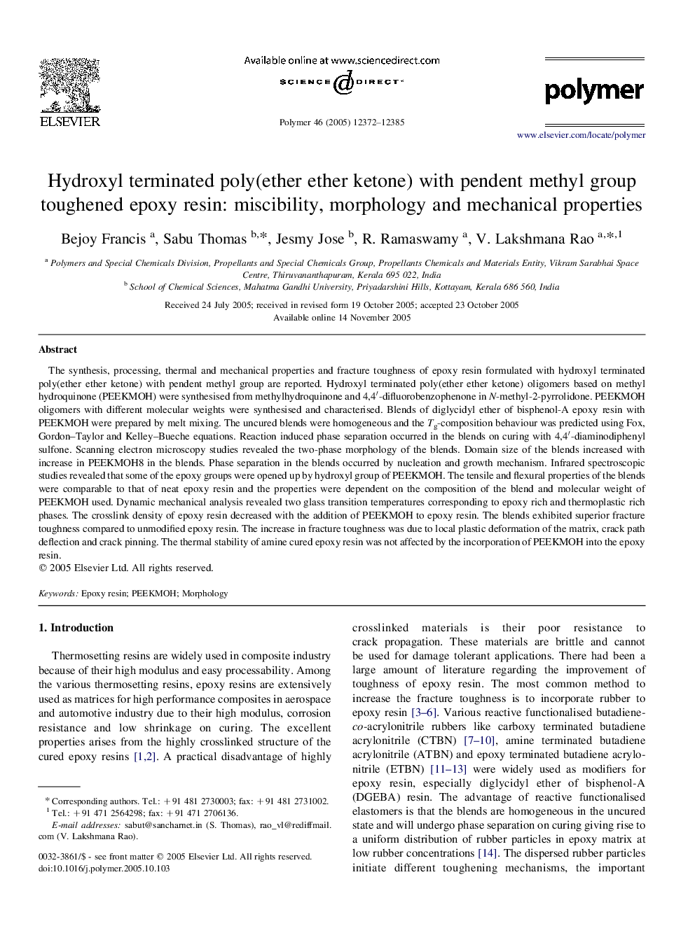 Hydroxyl terminated poly(ether ether ketone) with pendent methyl group toughened epoxy resin: miscibility, morphology and mechanical properties