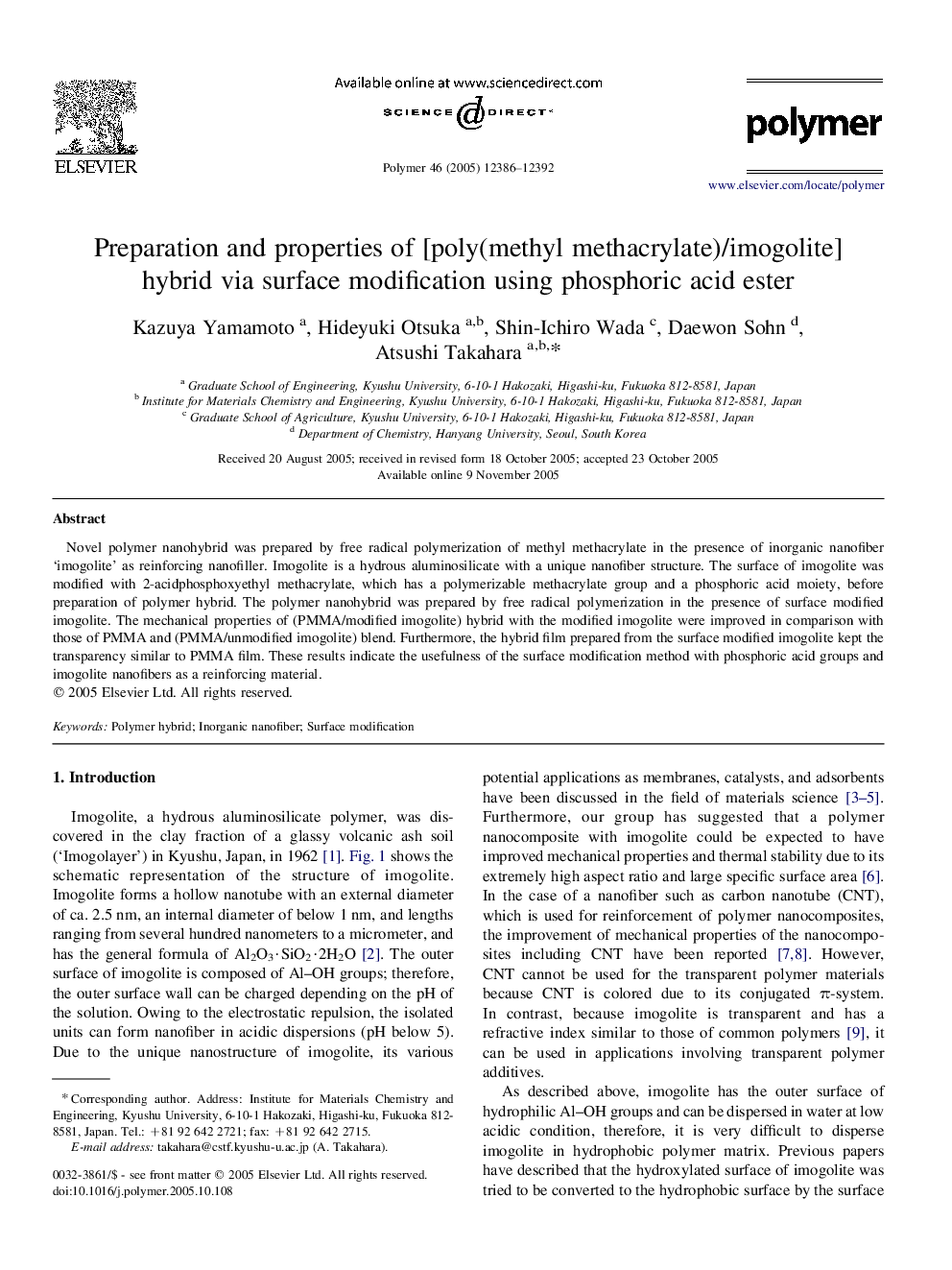 Preparation and properties of [poly(methyl methacrylate)/imogolite] hybrid via surface modification using phosphoric acid ester