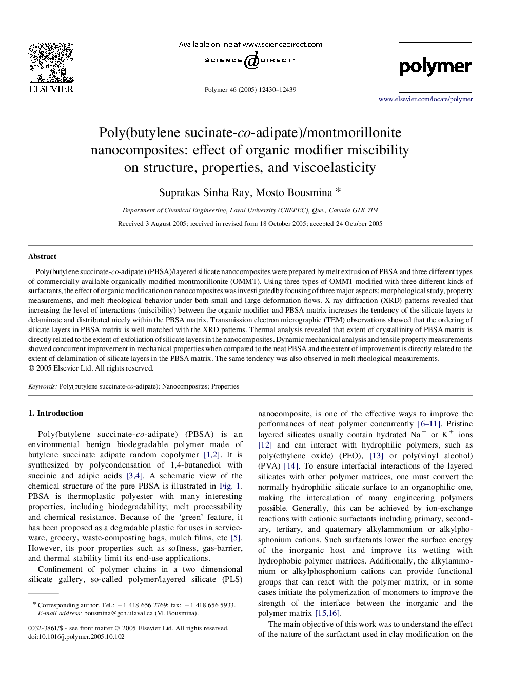 Poly(butylene sucinate-co-adipate)/montmorillonite nanocomposites: effect of organic modifier miscibility on structure, properties, and viscoelasticity