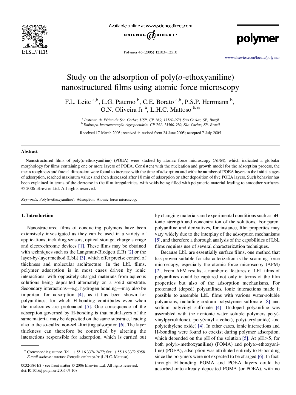 Study on the adsorption of poly(o-ethoxyaniline) nanostructured films using atomic force microscopy