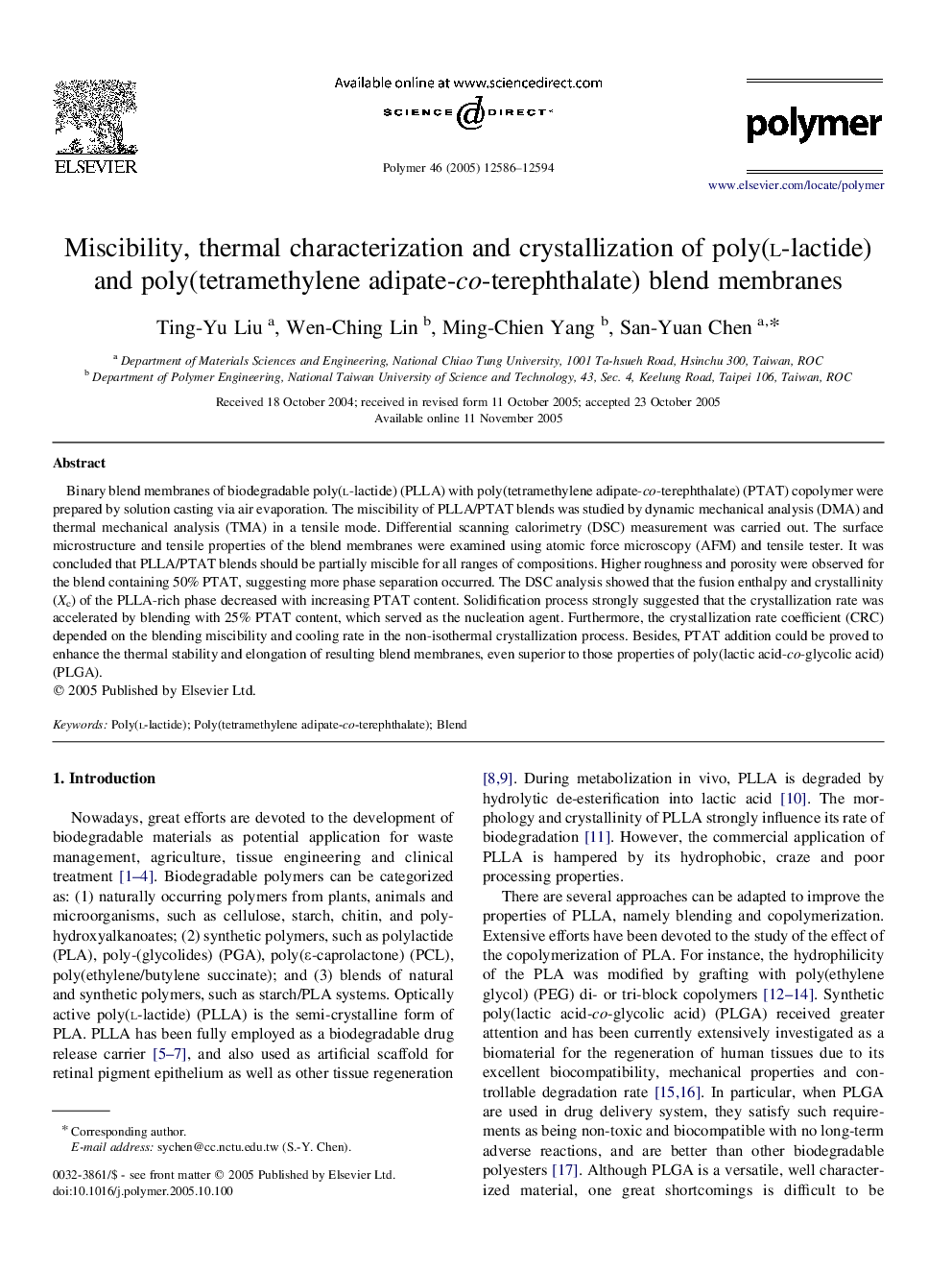 Miscibility, thermal characterization and crystallization of poly(l-lactide) and poly(tetramethylene adipate-co-terephthalate) blend membranes