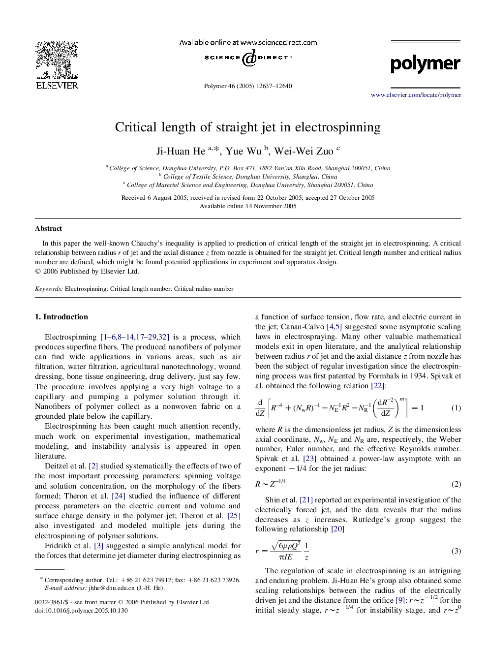 Critical length of straight jet in electrospinning