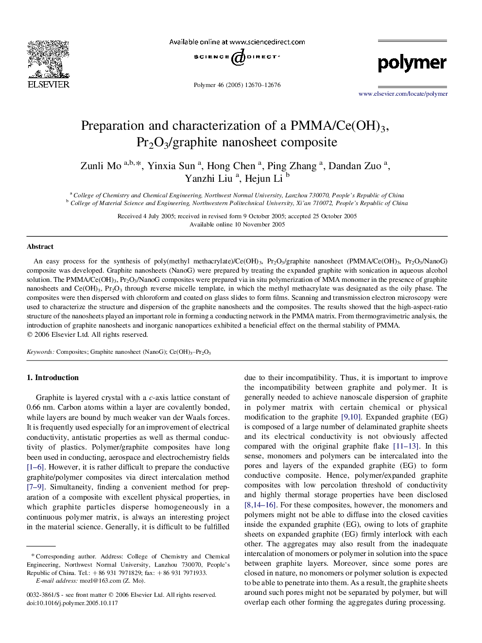 Preparation and characterization of a PMMA/Ce(OH)3, Pr2O3/graphite nanosheet composite