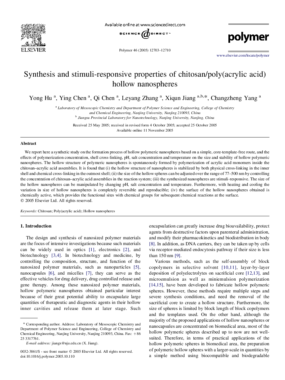 Synthesis and stimuli-responsive properties of chitosan/poly(acrylic acid) hollow nanospheres