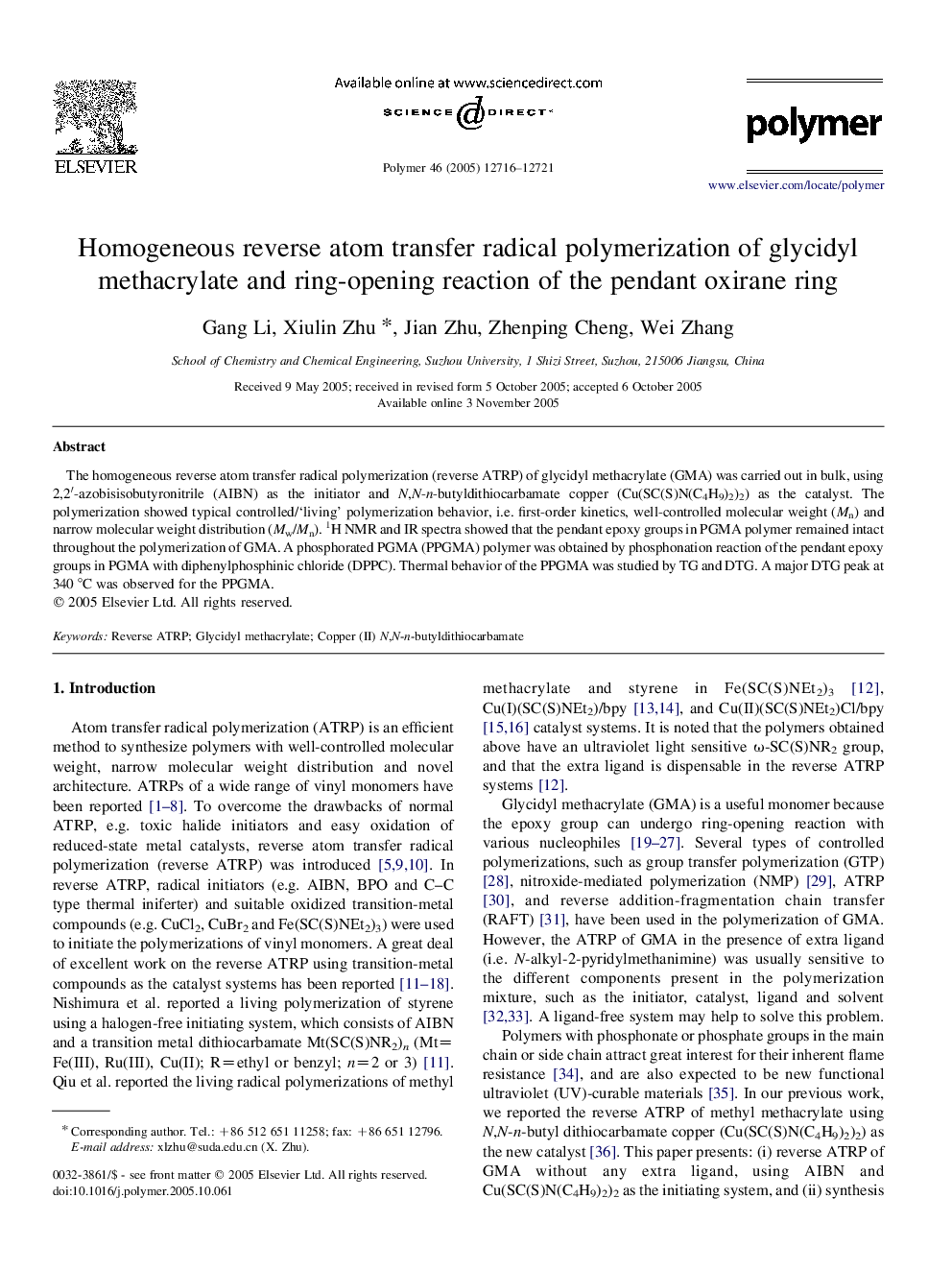 Homogeneous reverse atom transfer radical polymerization of glycidyl methacrylate and ring-opening reaction of the pendant oxirane ring
