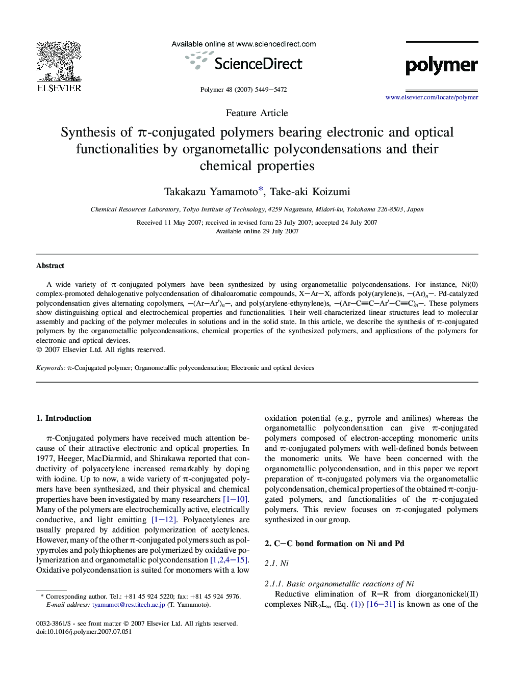 Synthesis of Ï-conjugated polymers bearing electronic and optical functionalities by organometallic polycondensations and their chemical properties