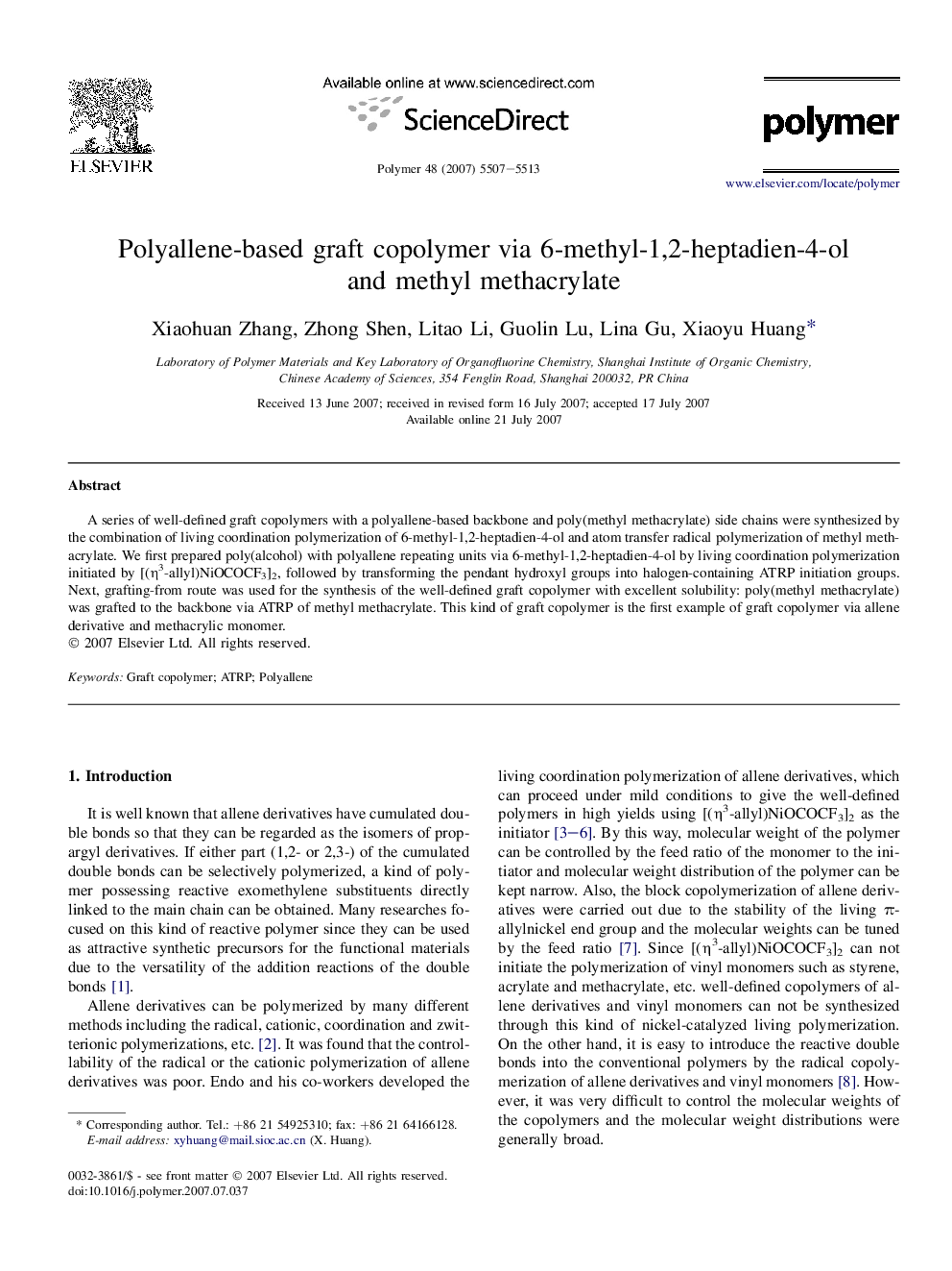 Polyallene-based graft copolymer via 6-methyl-1,2-heptadien-4-ol and methyl methacrylate