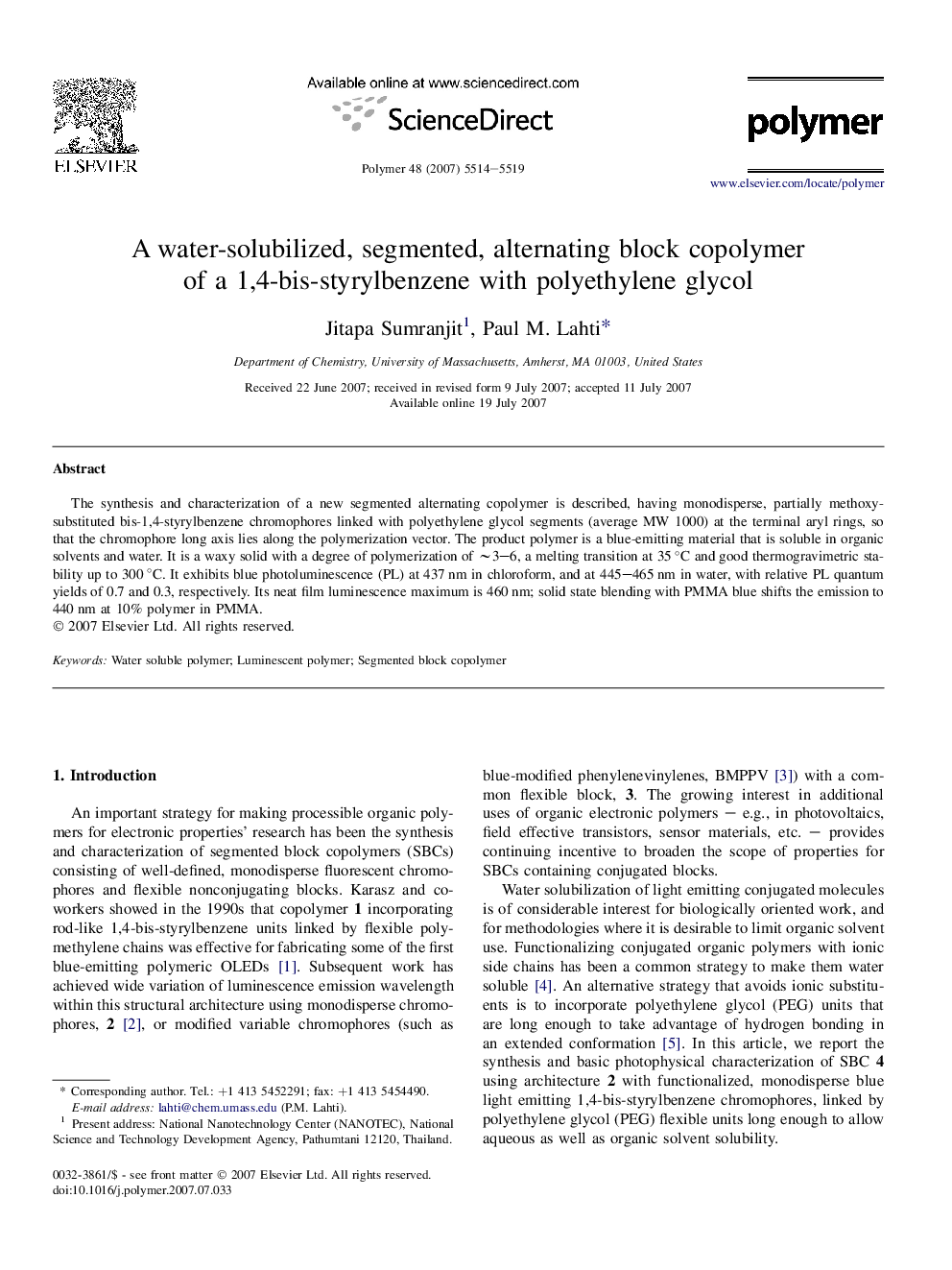 A water-solubilized, segmented, alternating block copolymer of a 1,4-bis-styrylbenzene with polyethylene glycol