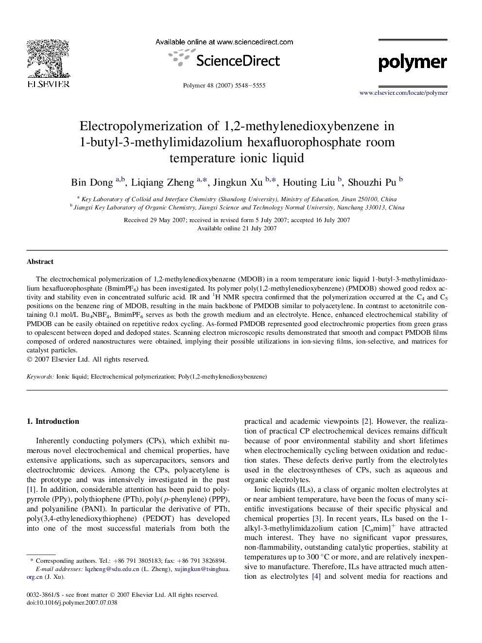 Electropolymerization of 1,2-methylenedioxybenzene in 1-butyl-3-methylimidazolium hexafluorophosphate room temperature ionic liquid