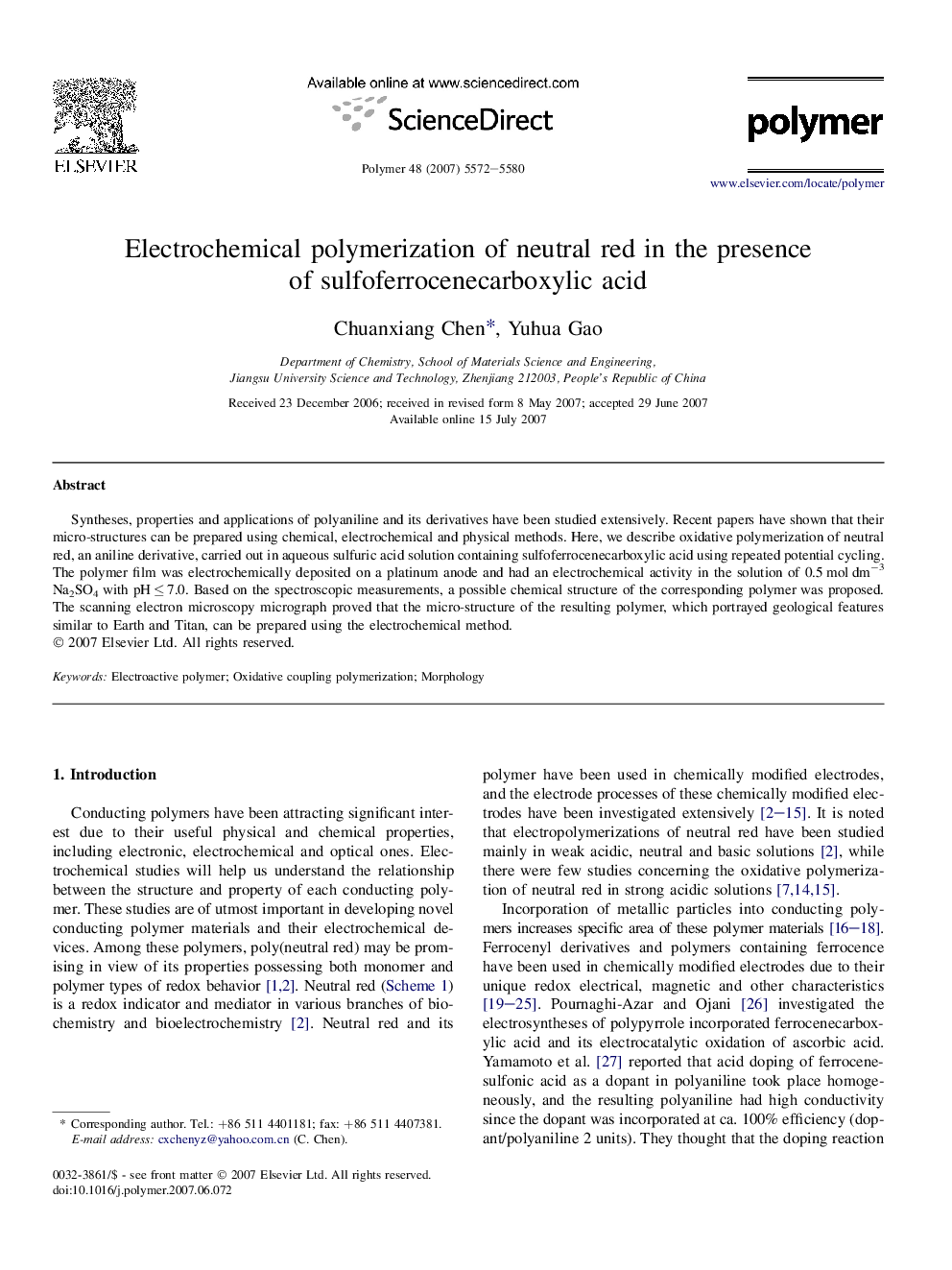 Electrochemical polymerization of neutral red in the presence of sulfoferrocenecarboxylic acid