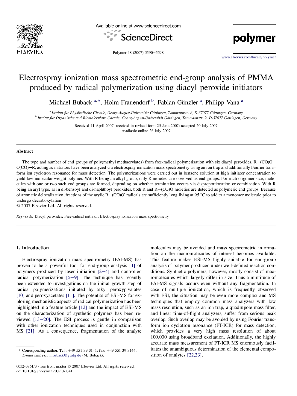 Electrospray ionization mass spectrometric end-group analysis of PMMA produced by radical polymerization using diacyl peroxide initiators