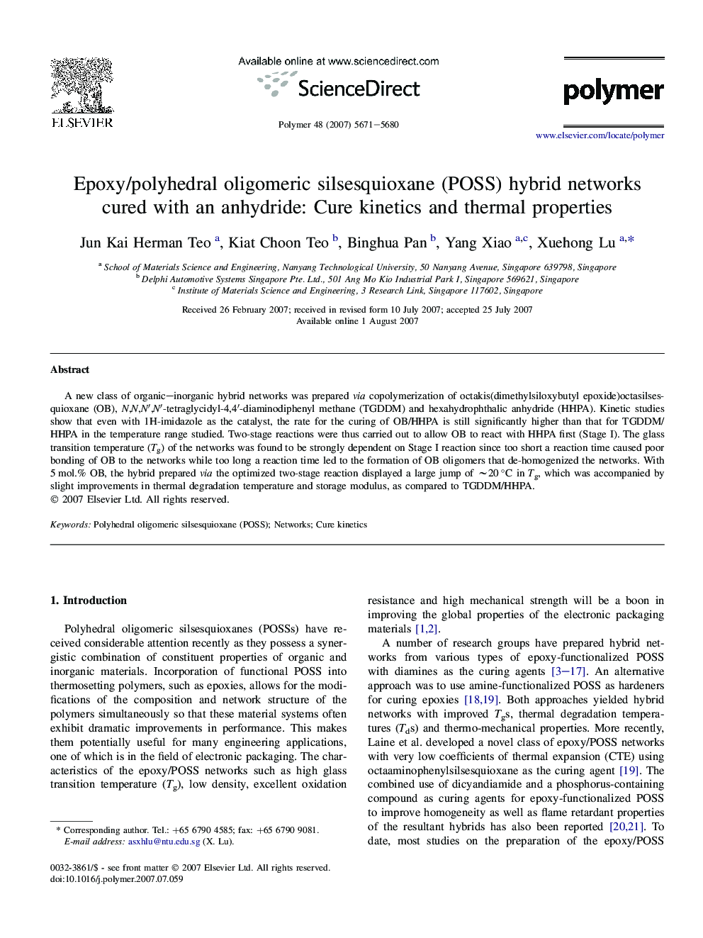 Epoxy/polyhedral oligomeric silsesquioxane (POSS) hybrid networks cured with an anhydride: Cure kinetics and thermal properties