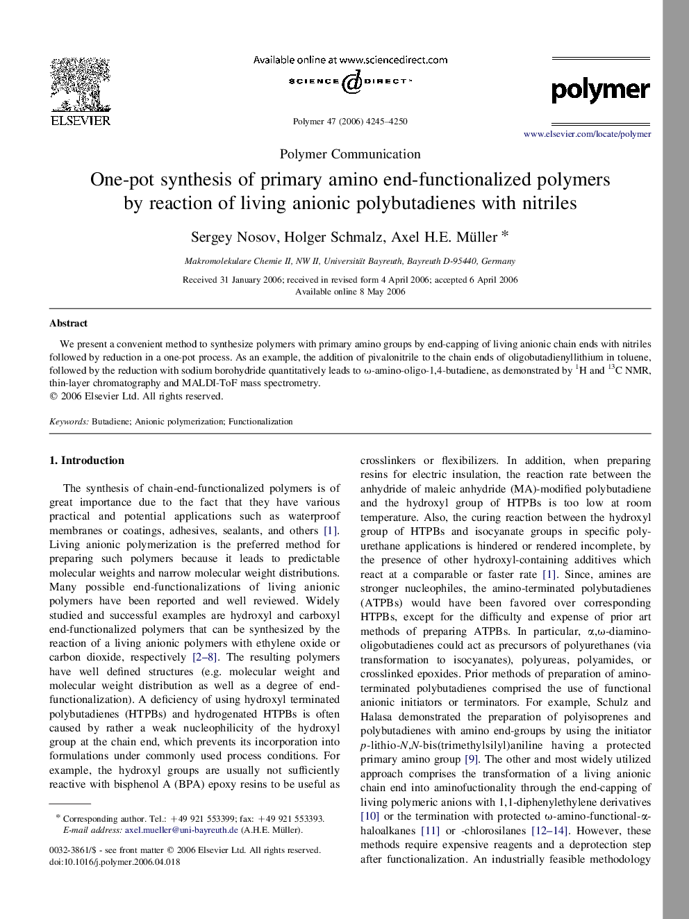 One-pot synthesis of primary amino end-functionalized polymers by reaction of living anionic polybutadienes with nitriles