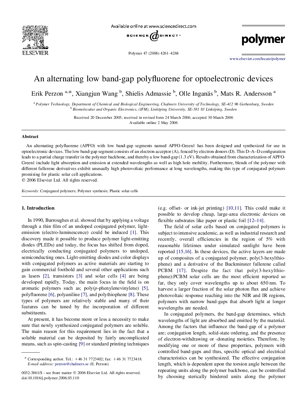 An alternating low band-gap polyfluorene for optoelectronic devices