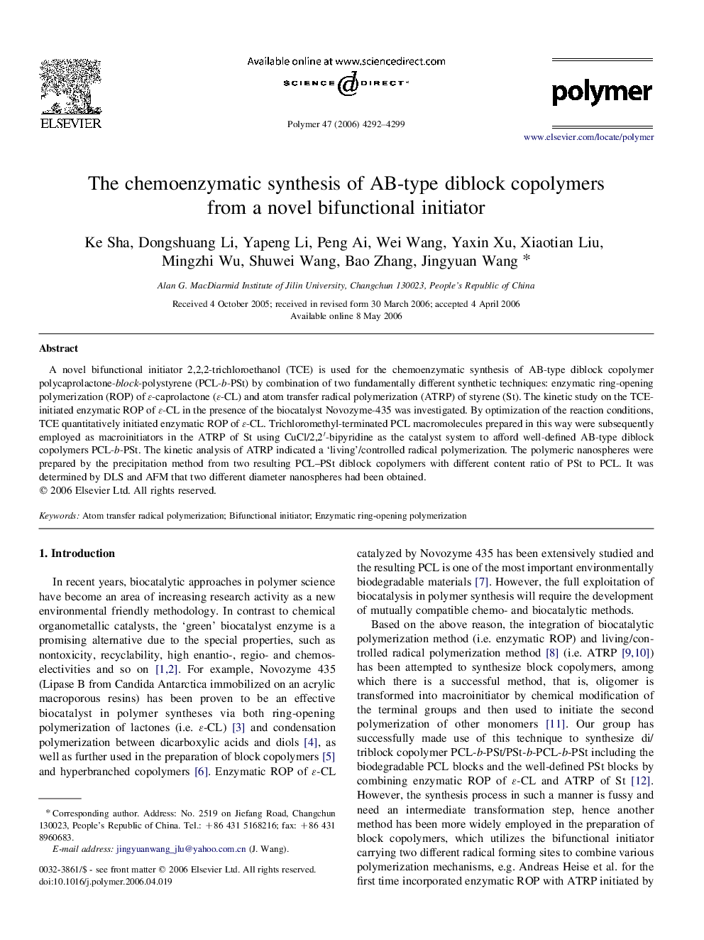 The chemoenzymatic synthesis of AB-type diblock copolymers from a novel bifunctional initiator