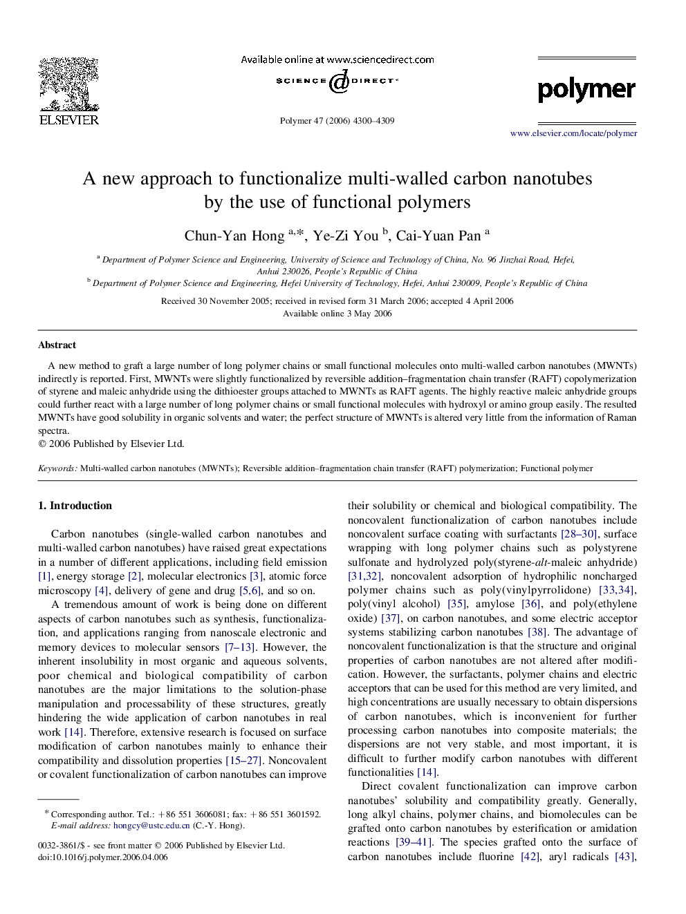 A new approach to functionalize multi-walled carbon nanotubes by the use of functional polymers