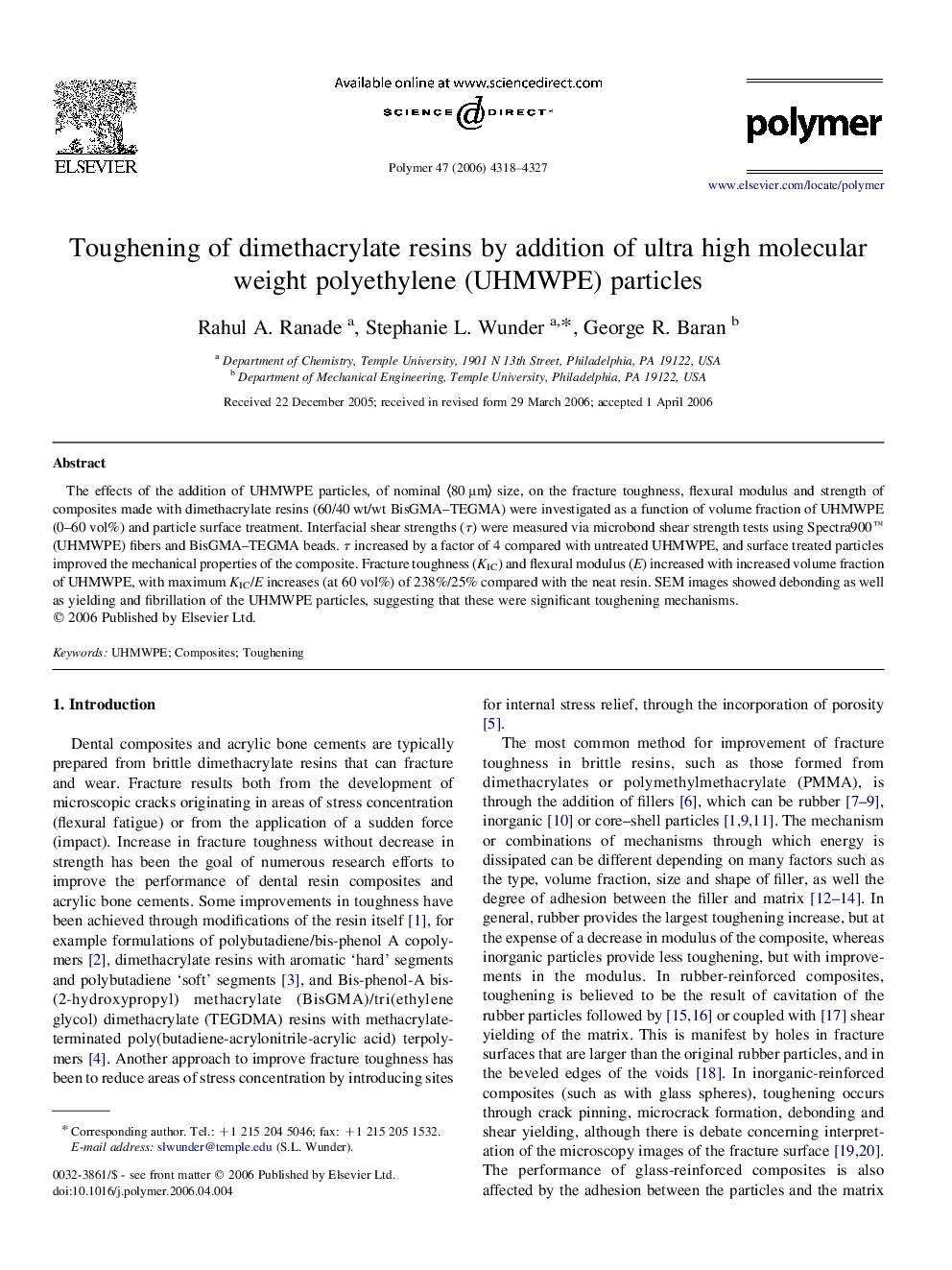 Toughening of dimethacrylate resins by addition of ultra high molecular weight polyethylene (UHMWPE) particles