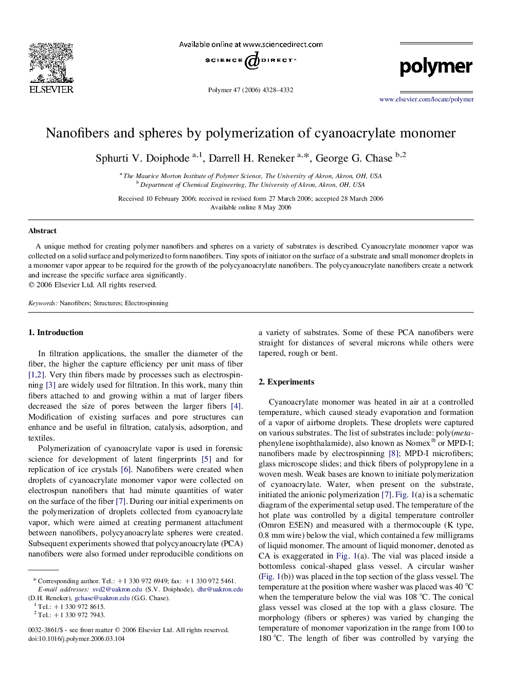 Nanofibers and spheres by polymerization of cyanoacrylate monomer