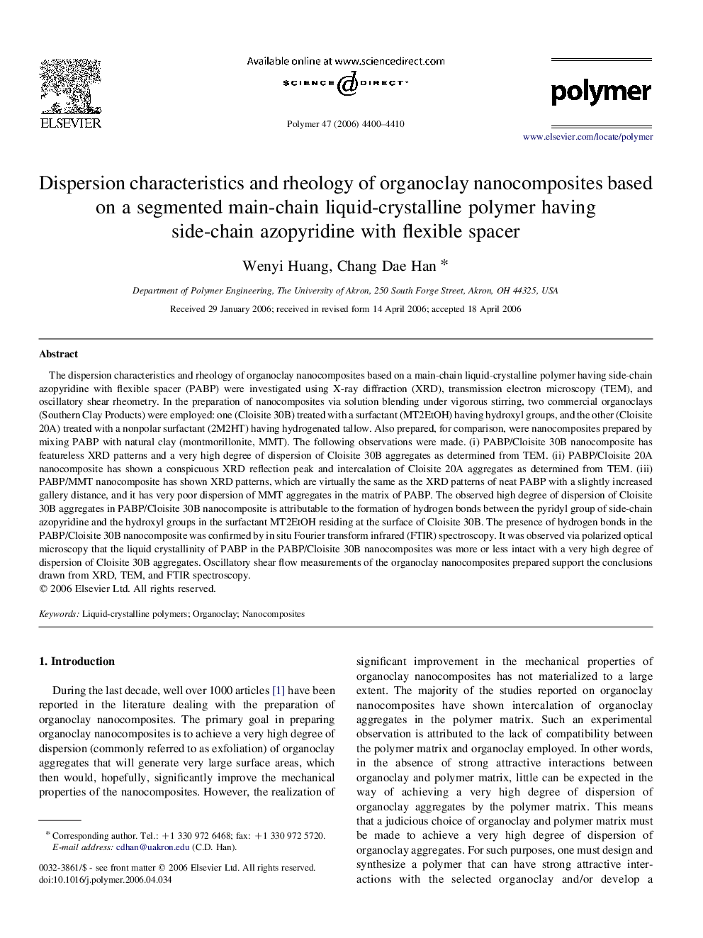 Dispersion characteristics and rheology of organoclay nanocomposites based on a segmented main-chain liquid-crystalline polymer having side-chain azopyridine with flexible spacer