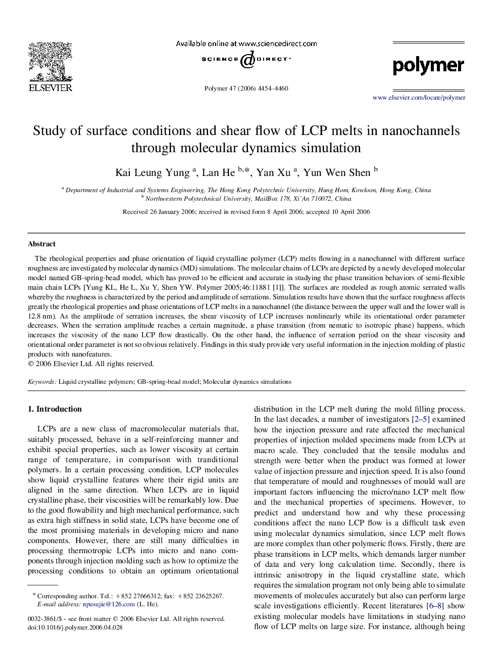 Study of surface conditions and shear flow of LCP melts in nanochannels through molecular dynamics simulation