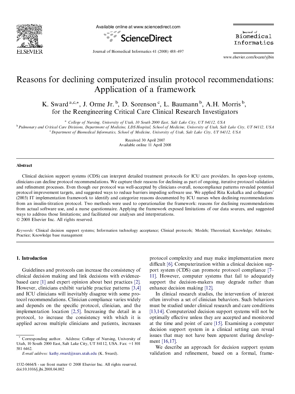 Reasons for declining computerized insulin protocol recommendations: Application of a framework