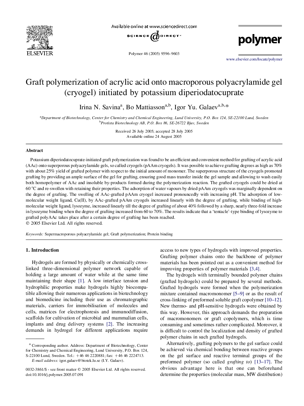 Graft polymerization of acrylic acid onto macroporous polyacrylamide gel (cryogel) initiated by potassium diperiodatocuprate