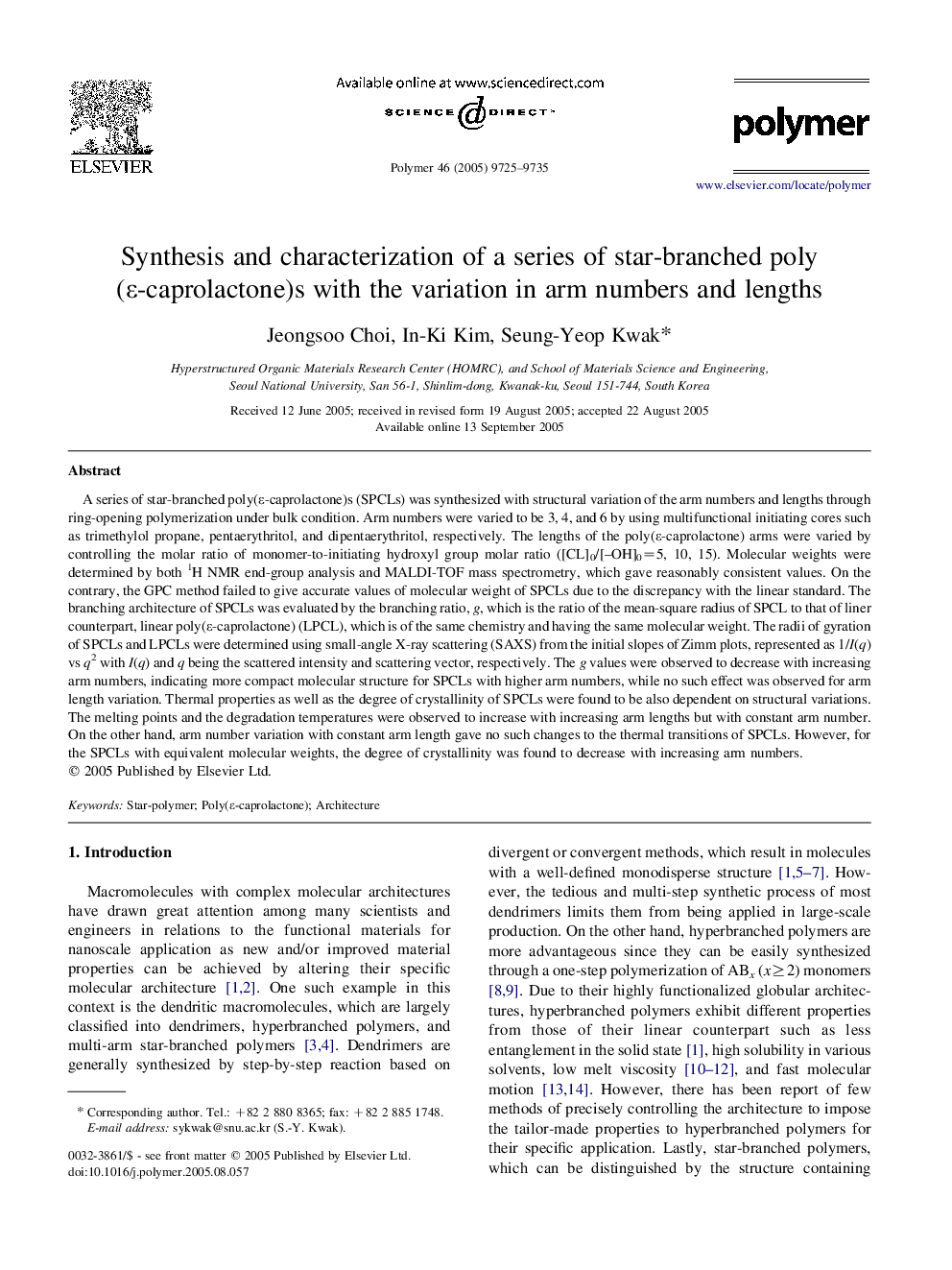 Synthesis and characterization of a series of star-branched poly(Îµ-caprolactone)s with the variation in arm numbers and lengths