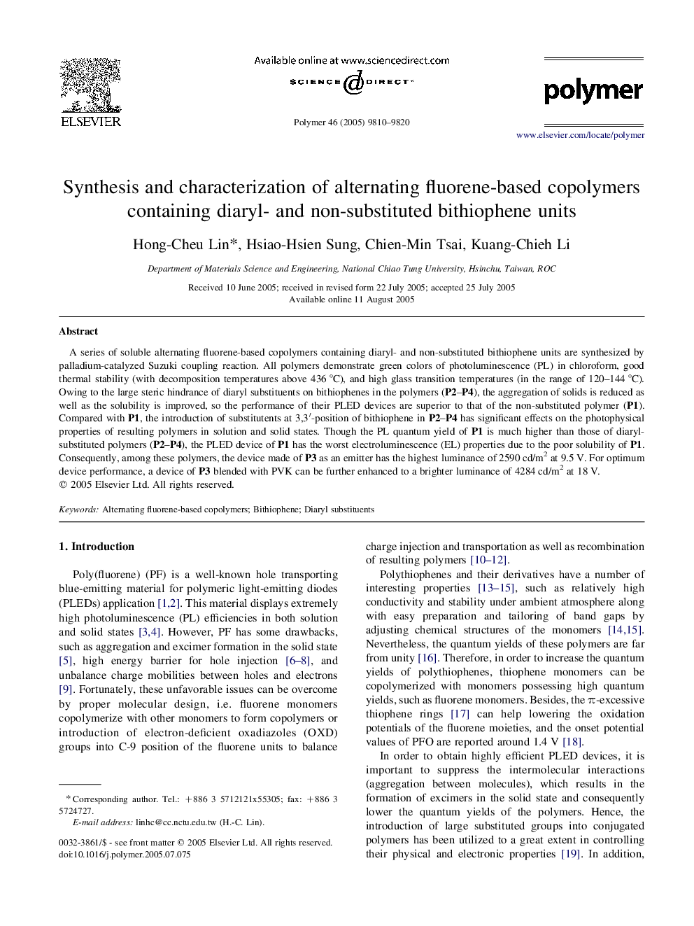 Synthesis and characterization of alternating fluorene-based copolymers containing diaryl- and non-substituted bithiophene units