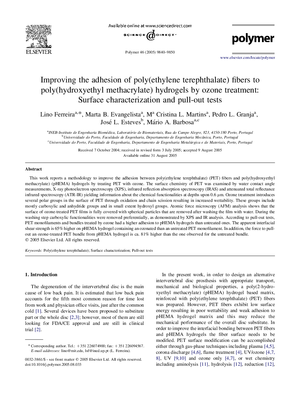 Improving the adhesion of poly(ethylene terephthalate) fibers to poly(hydroxyethyl methacrylate) hydrogels by ozone treatment: Surface characterization and pull-out tests