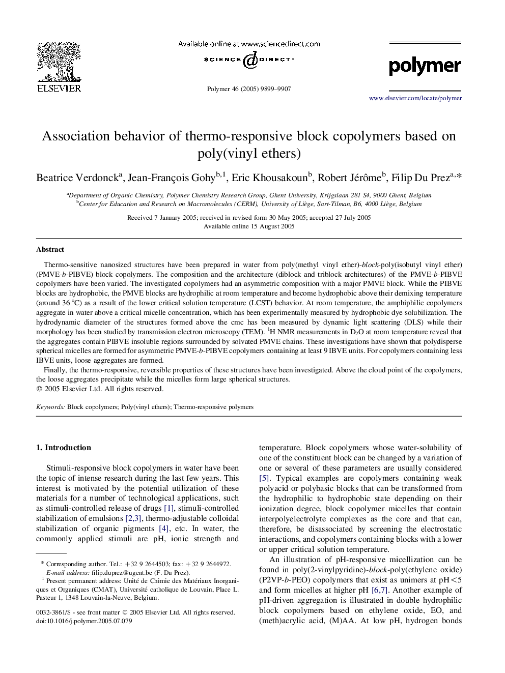 Association behavior of thermo-responsive block copolymers based on poly(vinyl ethers)