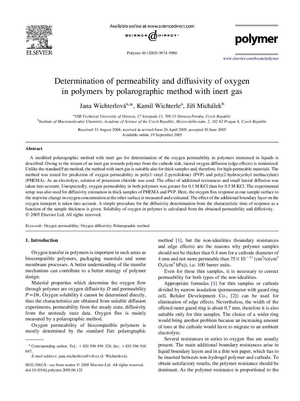 Determination of permeability and diffusivity of oxygen in polymers by polarographic method with inert gas