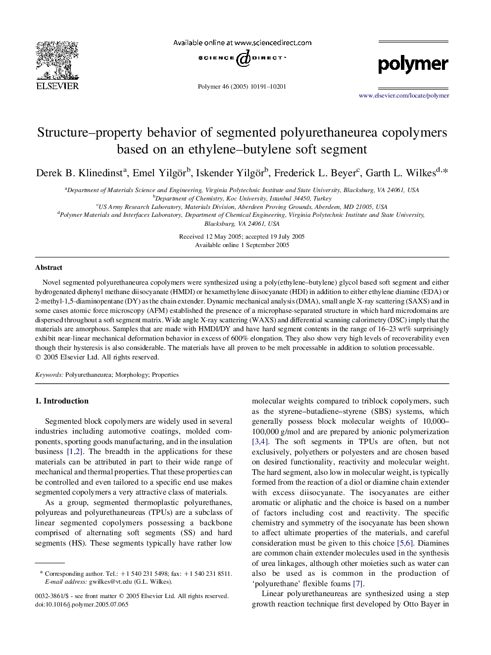 Structure-property behavior of segmented polyurethaneurea copolymers based on an ethylene-butylene soft segment