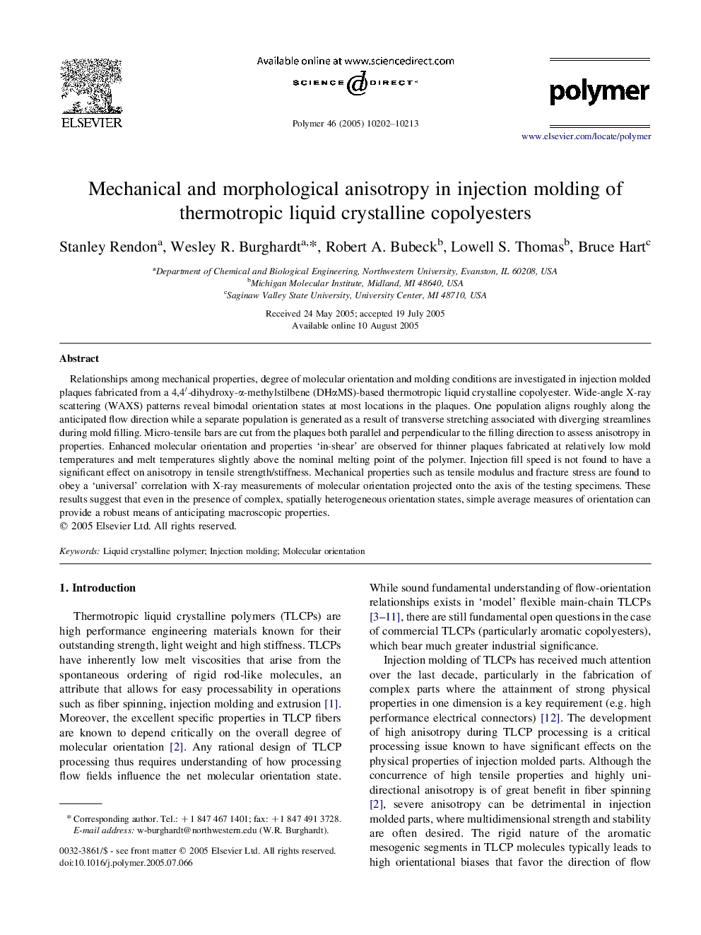 Mechanical and morphological anisotropy in injection molding of thermotropic liquid crystalline copolyesters