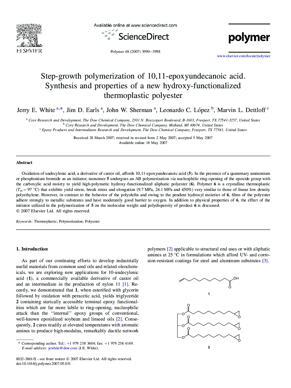 Step-growth polymerization of 10,11-epoxyundecanoic acid. Synthesis and properties of a new hydroxy-functionalized thermoplastic polyester