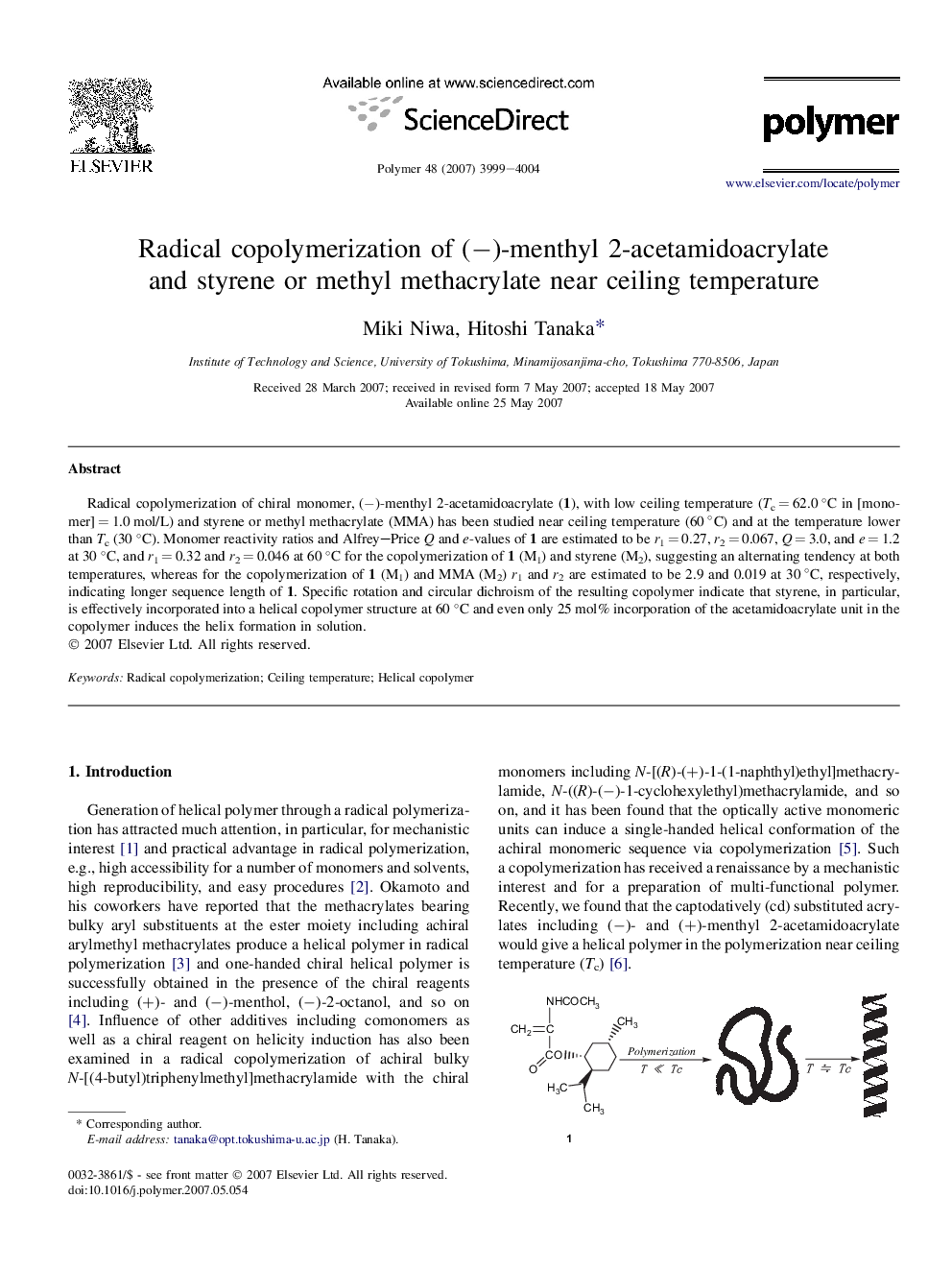 Radical copolymerization of (â)-menthyl 2-acetamidoacrylate and styrene or methyl methacrylate near ceiling temperature