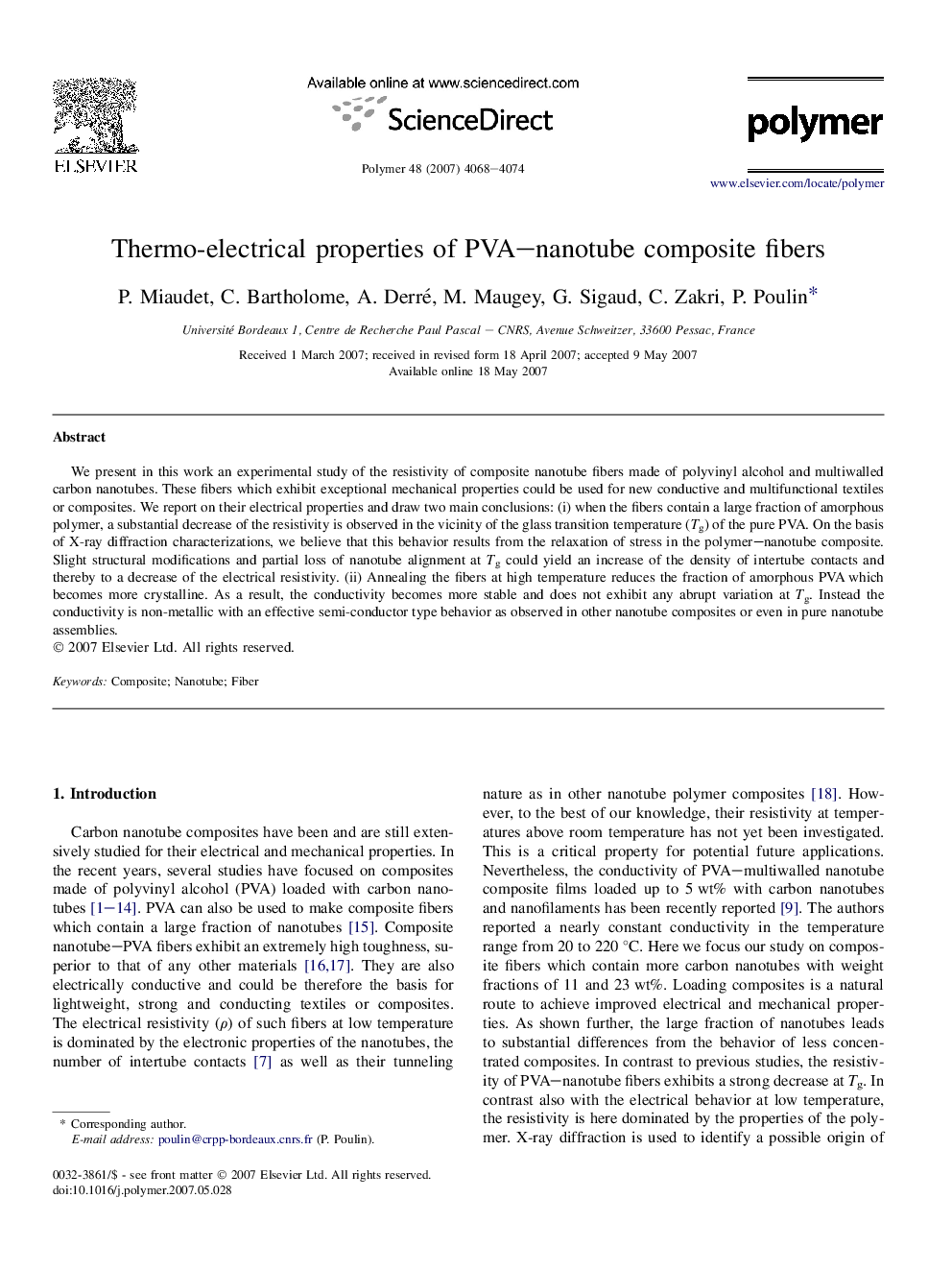 Thermo-electrical properties of PVA-nanotube composite fibers