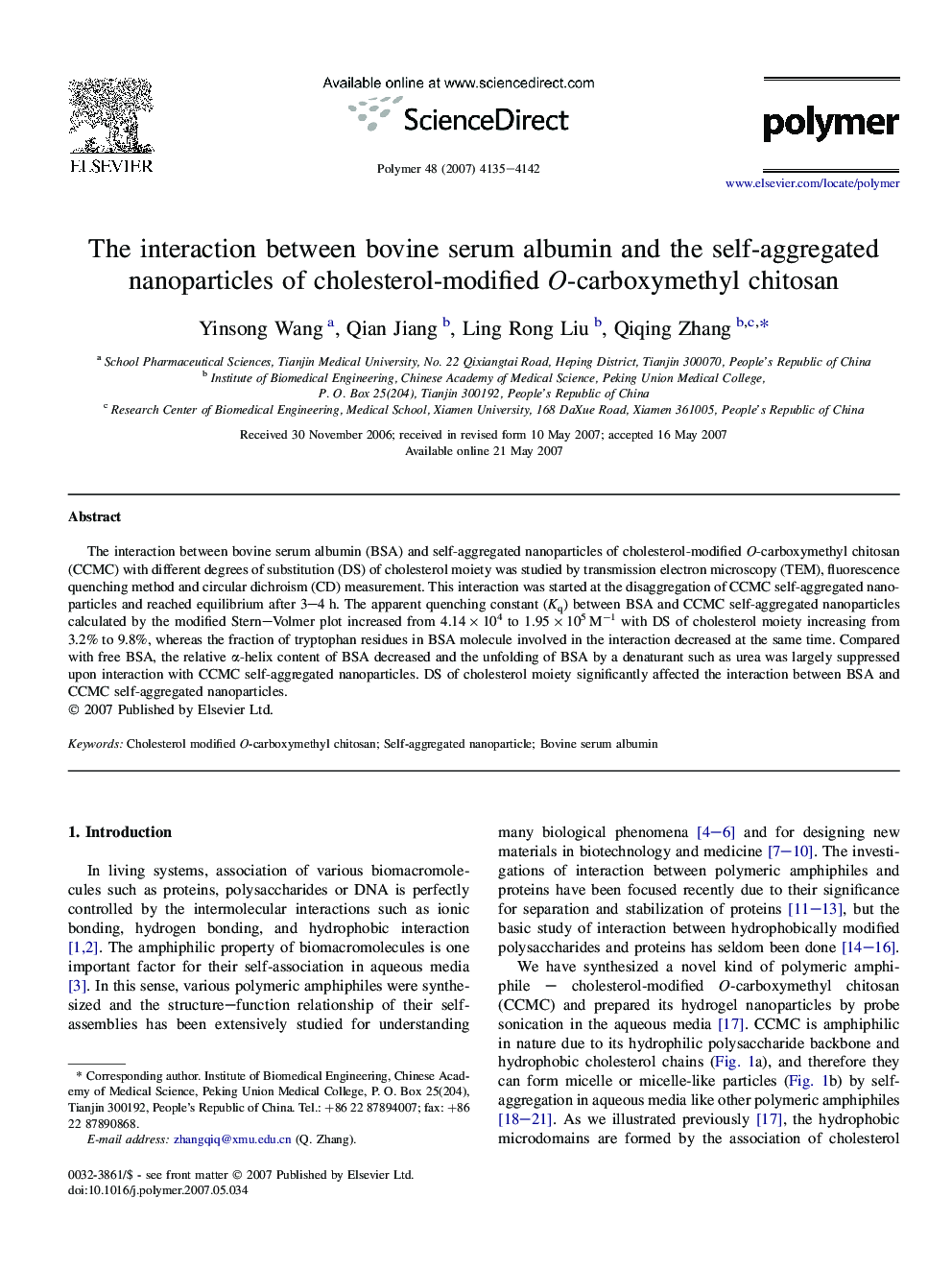 The interaction between bovine serum albumin and the self-aggregated nanoparticles of cholesterol-modified O-carboxymethyl chitosan