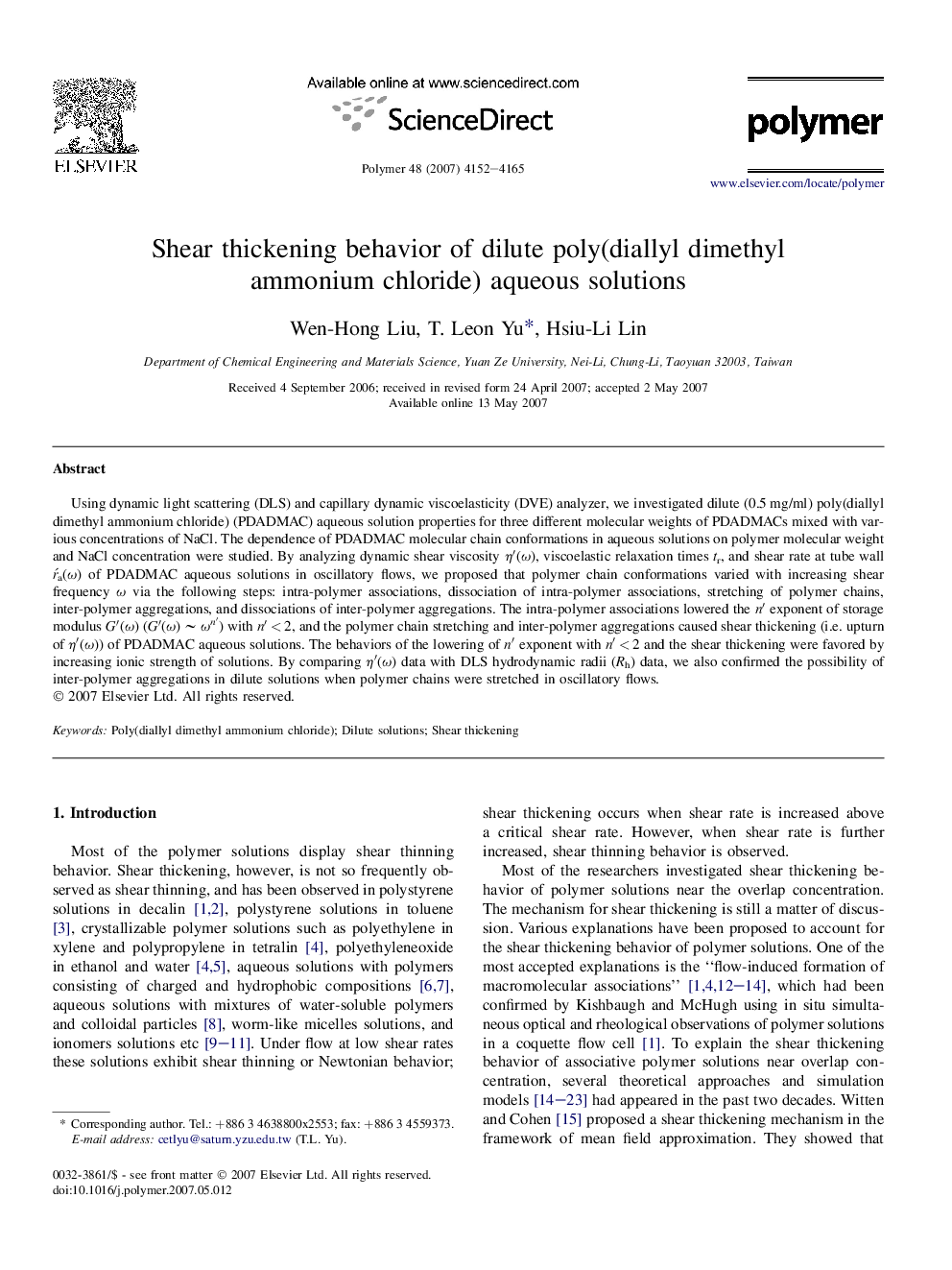 Shear thickening behavior of dilute poly(diallyl dimethyl ammonium chloride) aqueous solutions