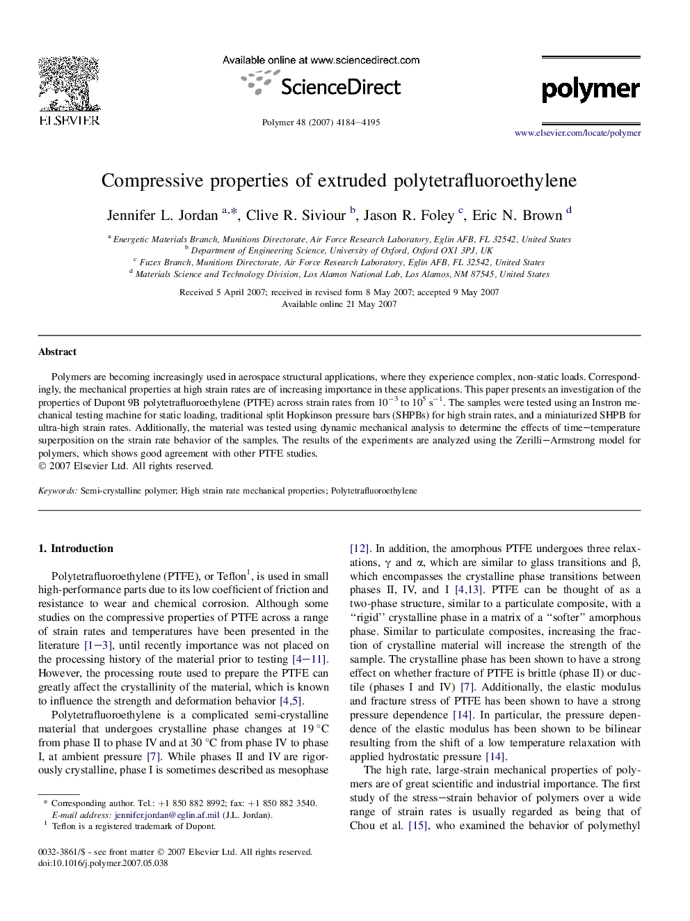 Compressive properties of extruded polytetrafluoroethylene