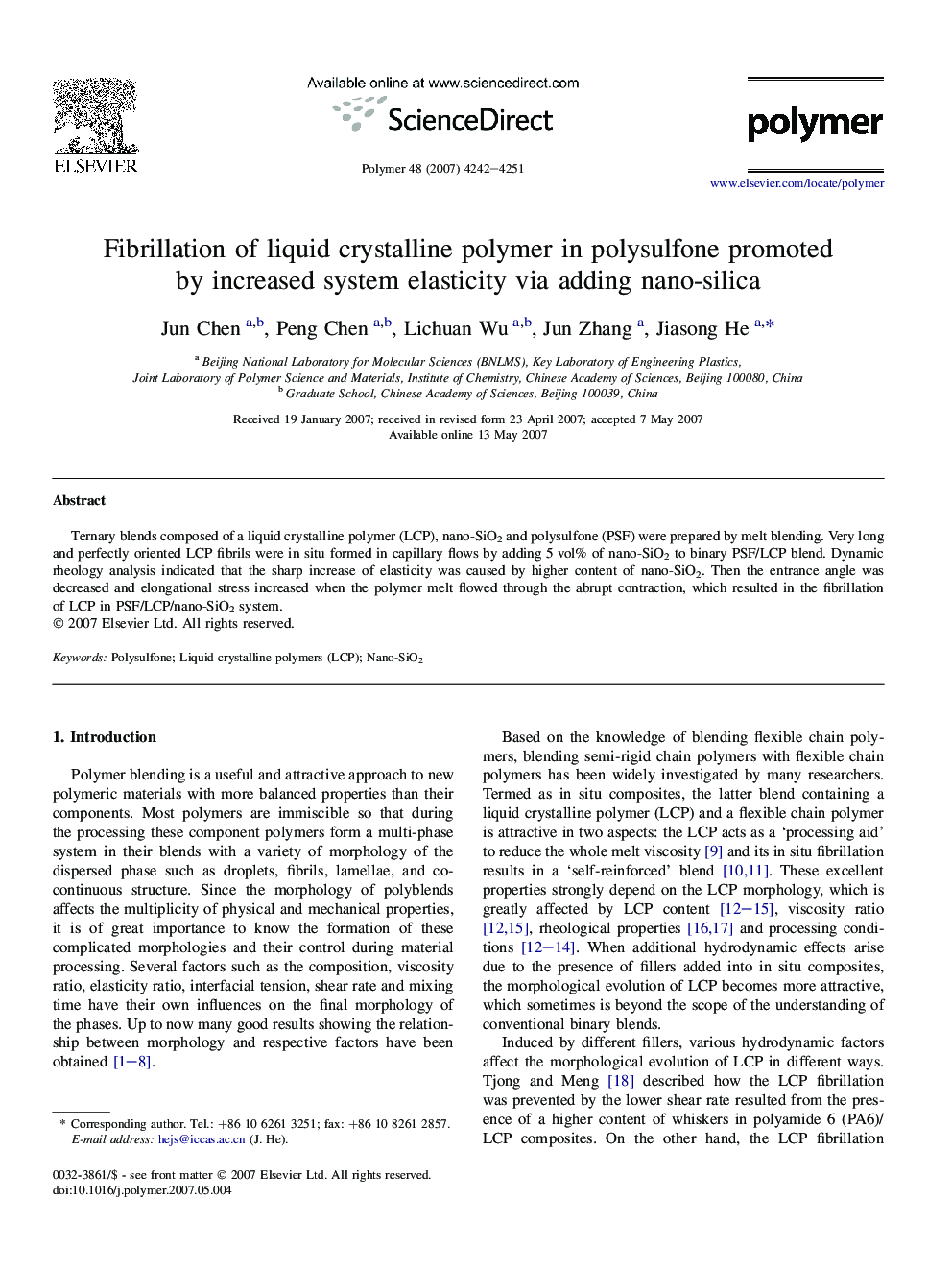 Fibrillation of liquid crystalline polymer in polysulfone promoted by increased system elasticity via adding nano-silica