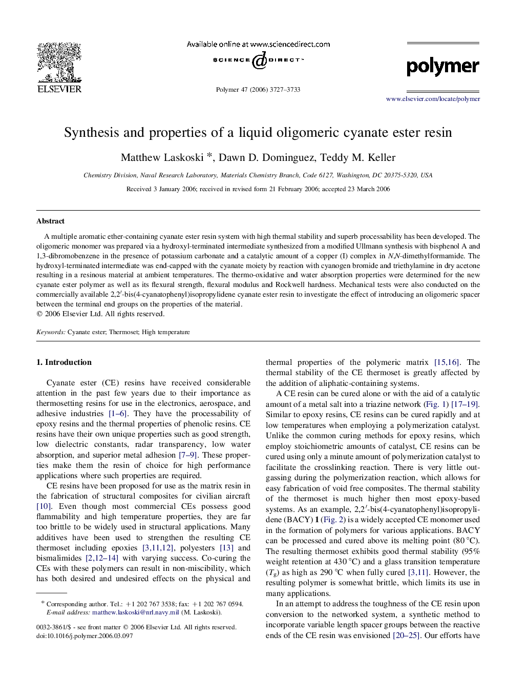 Synthesis and properties of a liquid oligomeric cyanate ester resin