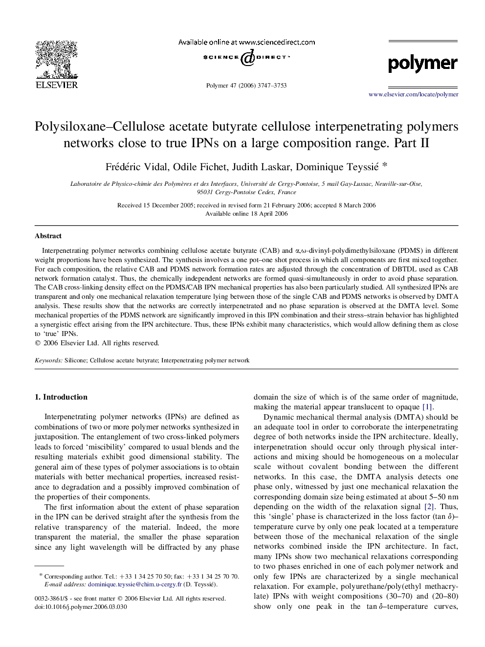 Polysiloxane-Cellulose acetate butyrate cellulose interpenetrating polymers networks close to true IPNs on a large composition range. Part II