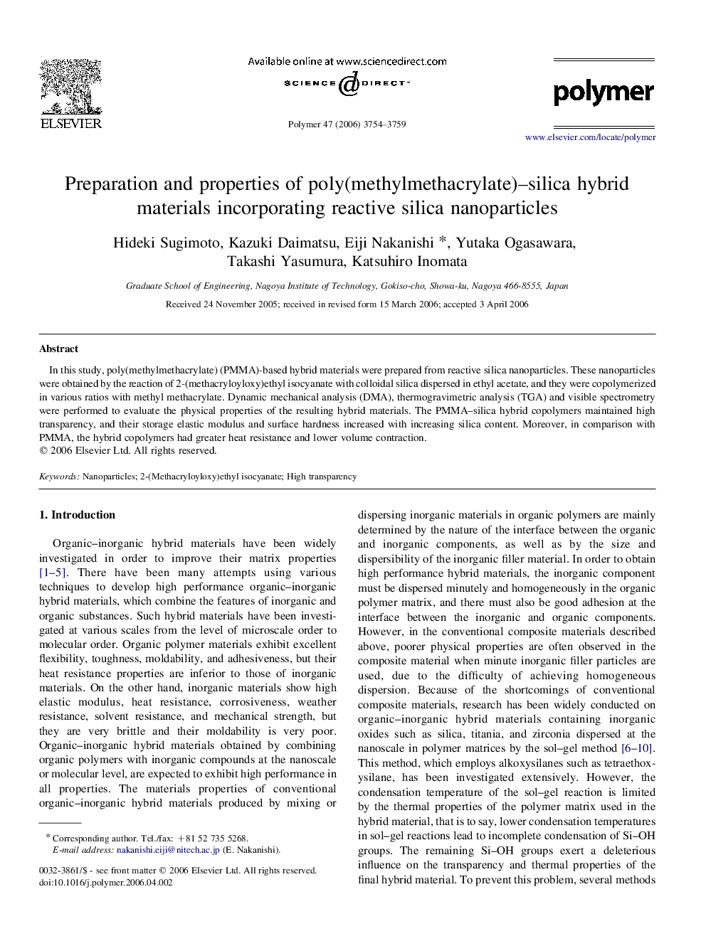 Preparation and properties of poly(methylmethacrylate)-silica hybrid materials incorporating reactive silica nanoparticles