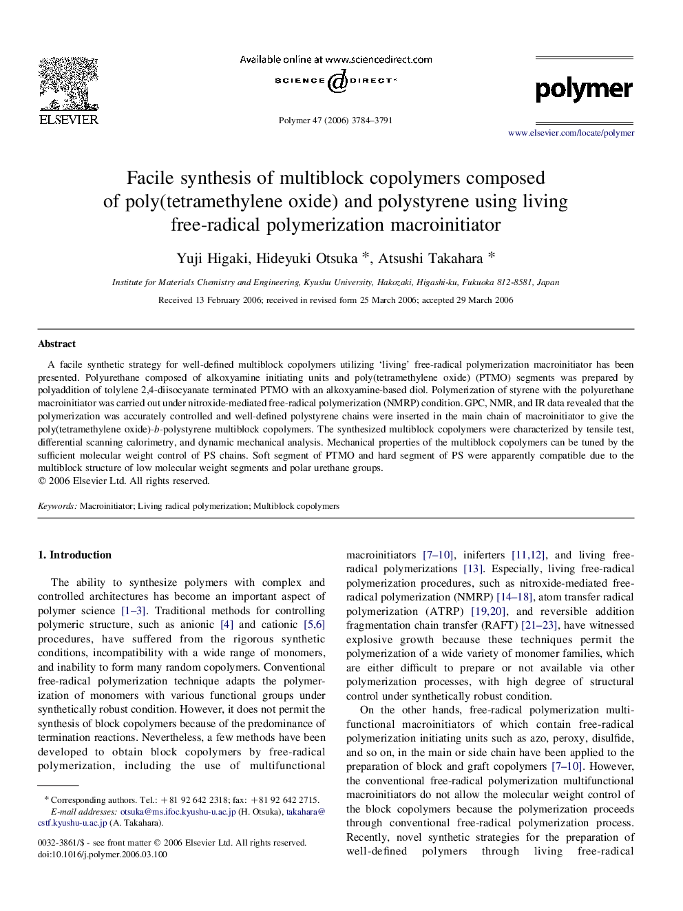 Facile synthesis of multiblock copolymers composed of poly(tetramethylene oxide) and polystyrene using living free-radical polymerization macroinitiator