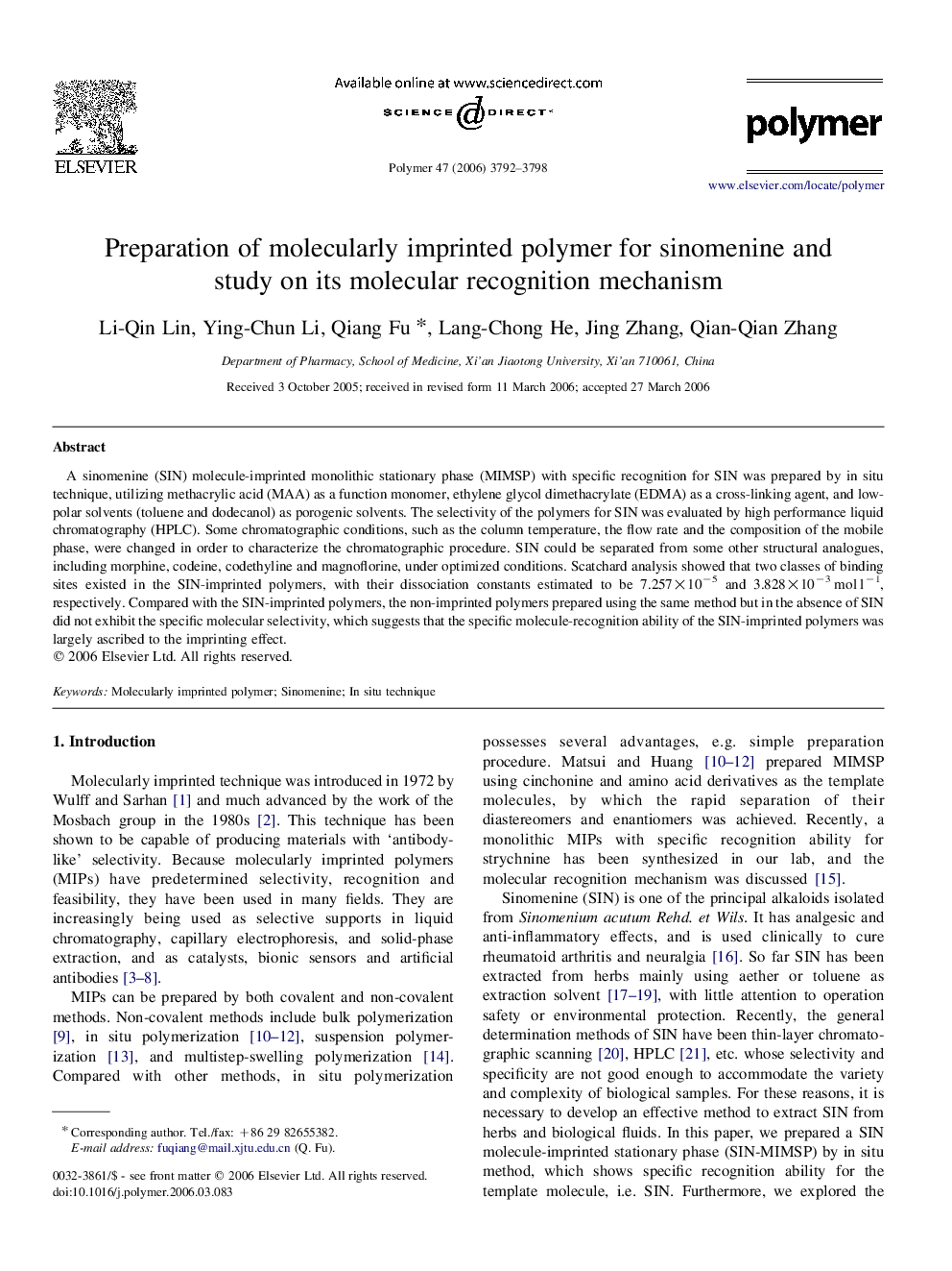 Preparation of molecularly imprinted polymer for sinomenine and study on its molecular recognition mechanism