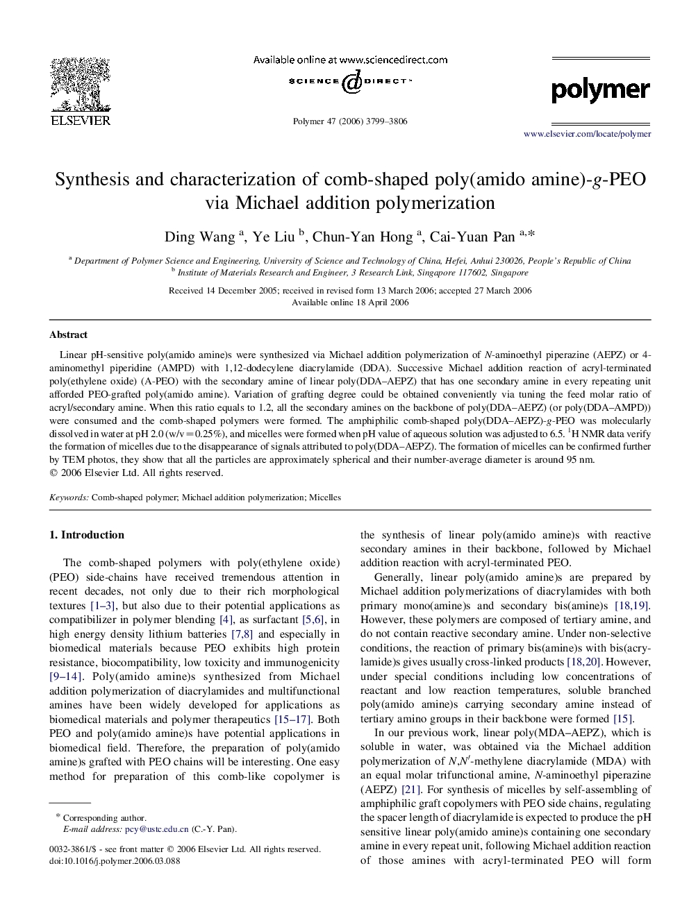 Synthesis and characterization of comb-shaped poly(amido amine)-g-PEO via Michael addition polymerization