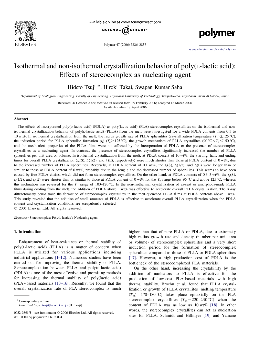 Isothermal and non-isothermal crystallization behavior of poly(l-lactic acid): Effects of stereocomplex as nucleating agent