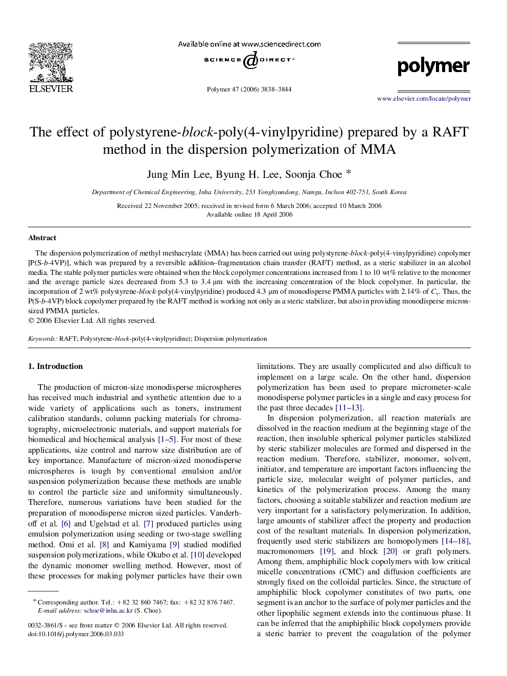 The effect of polystyrene-block-poly(4-vinylpyridine) prepared by a RAFT method in the dispersion polymerization of MMA